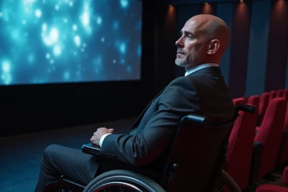 Homme charismatique en fauteuil roulant devant un écran de cinéma illustrant l'évolution du personnage de Charles Xavier au cinéma
