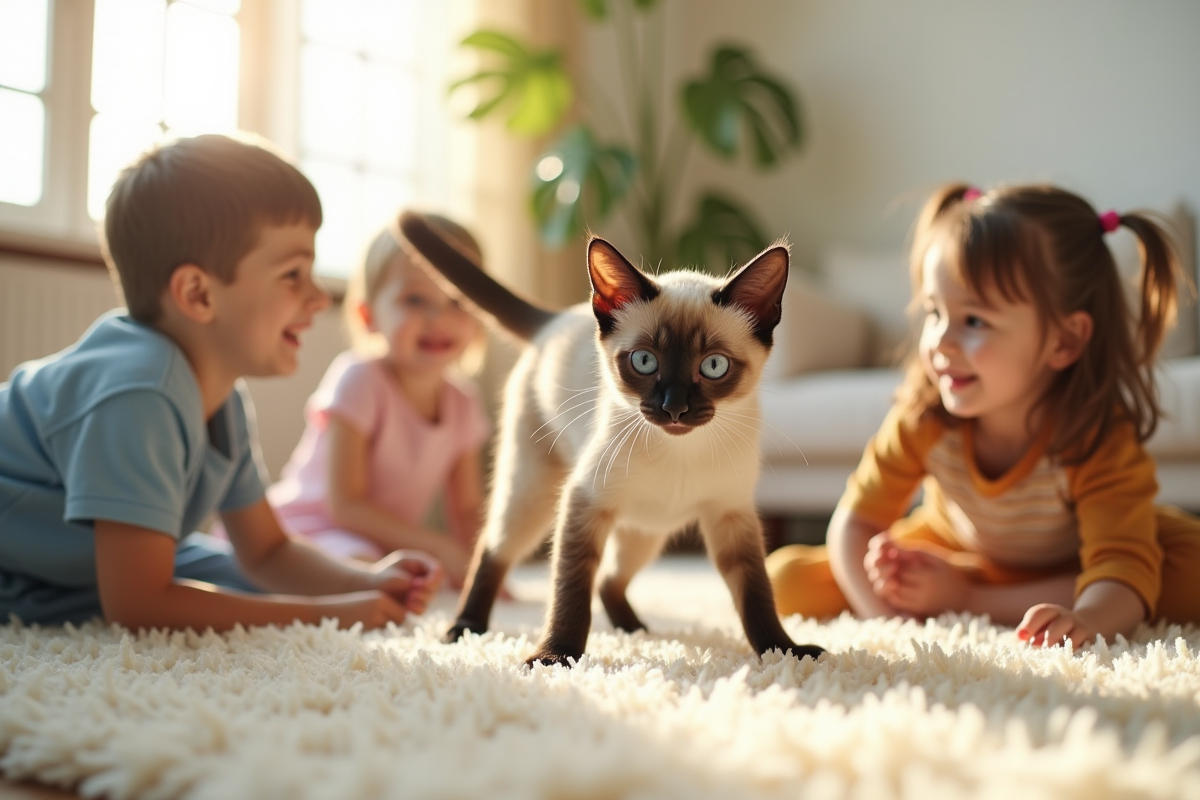 Chat siamois jouant avec des enfants dans un salon lumineux