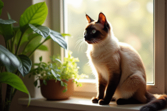 Chat siamois curieux sur une fenêtre ensoleillée avec plantes vertes