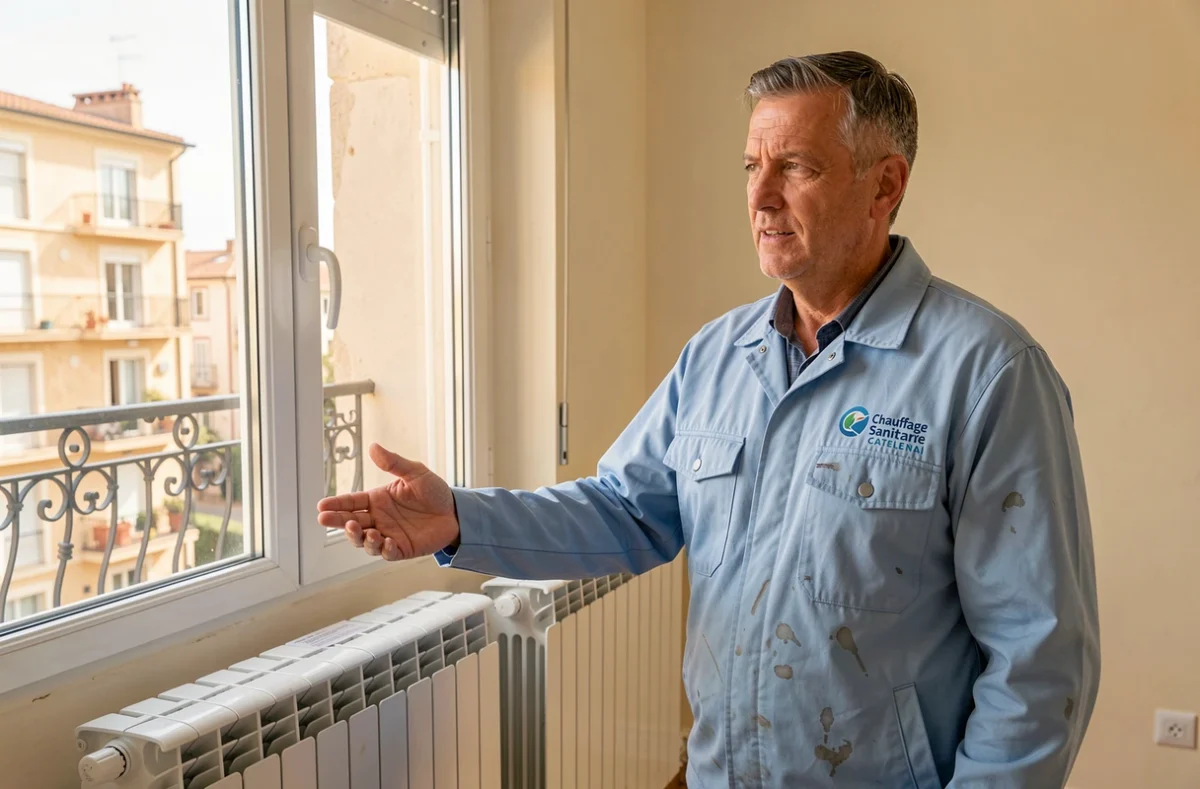 Technicien Chauffage Sanitaire Catalan présentant une installation de radiateur dans un appartement de Perpignan
