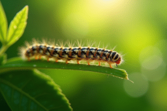 Gros plan d'une chenille rayée sur une feuille verte