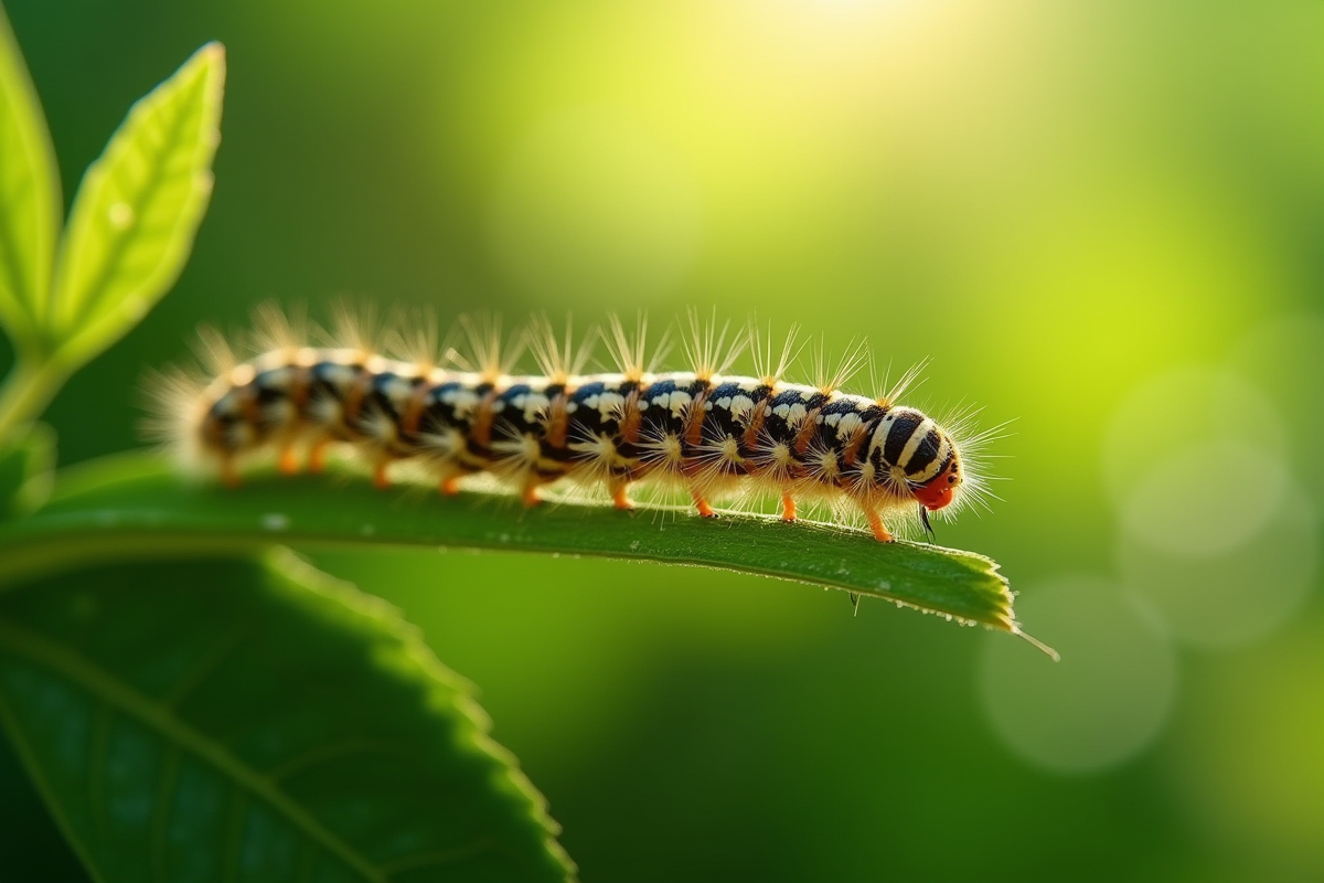 Gros plan d'une chenille rayée sur une feuille verte
