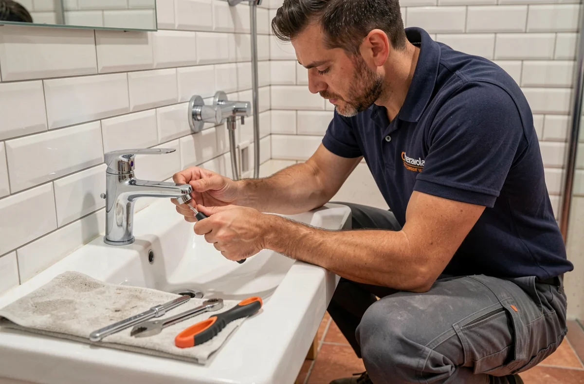 Plombier Cheravola Plomberie installant un robinet dans une salle de bain rénovée style catalan