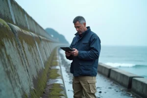 Chercheur japonais analysant des données sismiques sur la côte de Tohoku devant une digue anti-tsunami en 2026