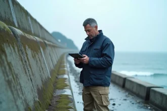 Chercheur japonais analysant des données sismiques sur la côte de Tohoku devant une digue anti-tsunami en 2026