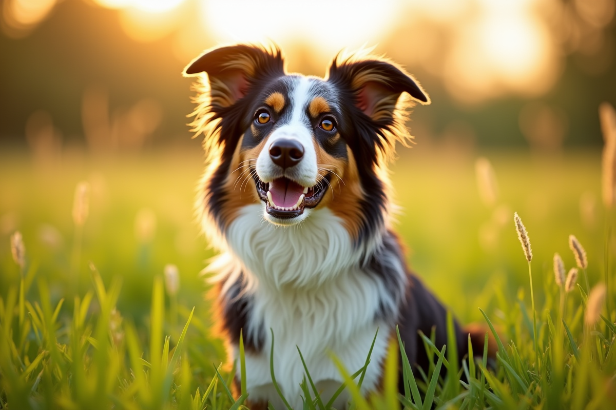 Chien border collie et australien shepherd dans un pré ensoleillé