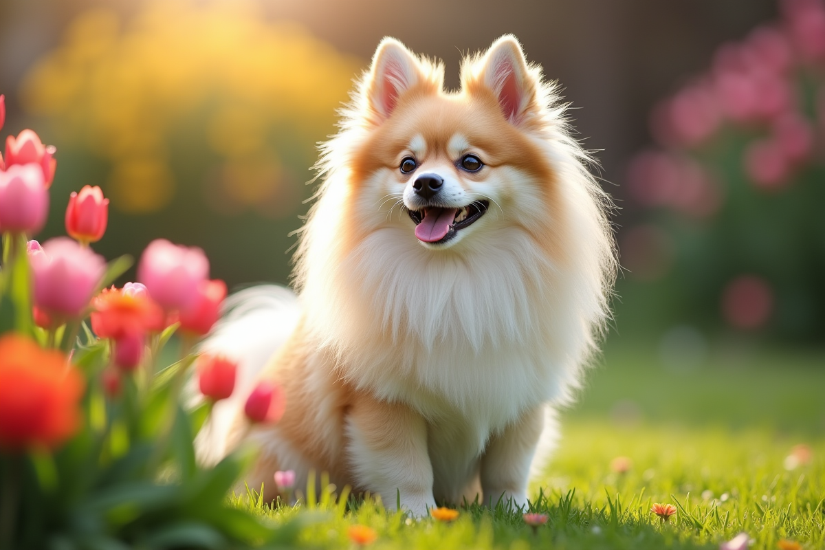 Chien Spitz dans un jardin fleuri au printemps
