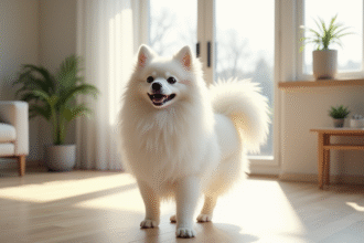 Chien Spitz blanc dans un salon lumineux et moderne