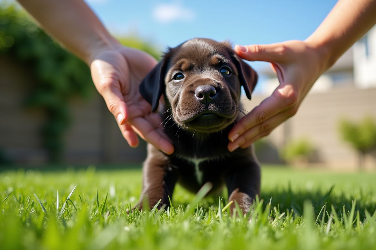 Chiot cane corso dans le jardin recevant des encouragements