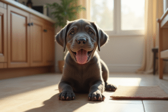 Chiot cane corso assis sur le sol en cuisine ensoleillee