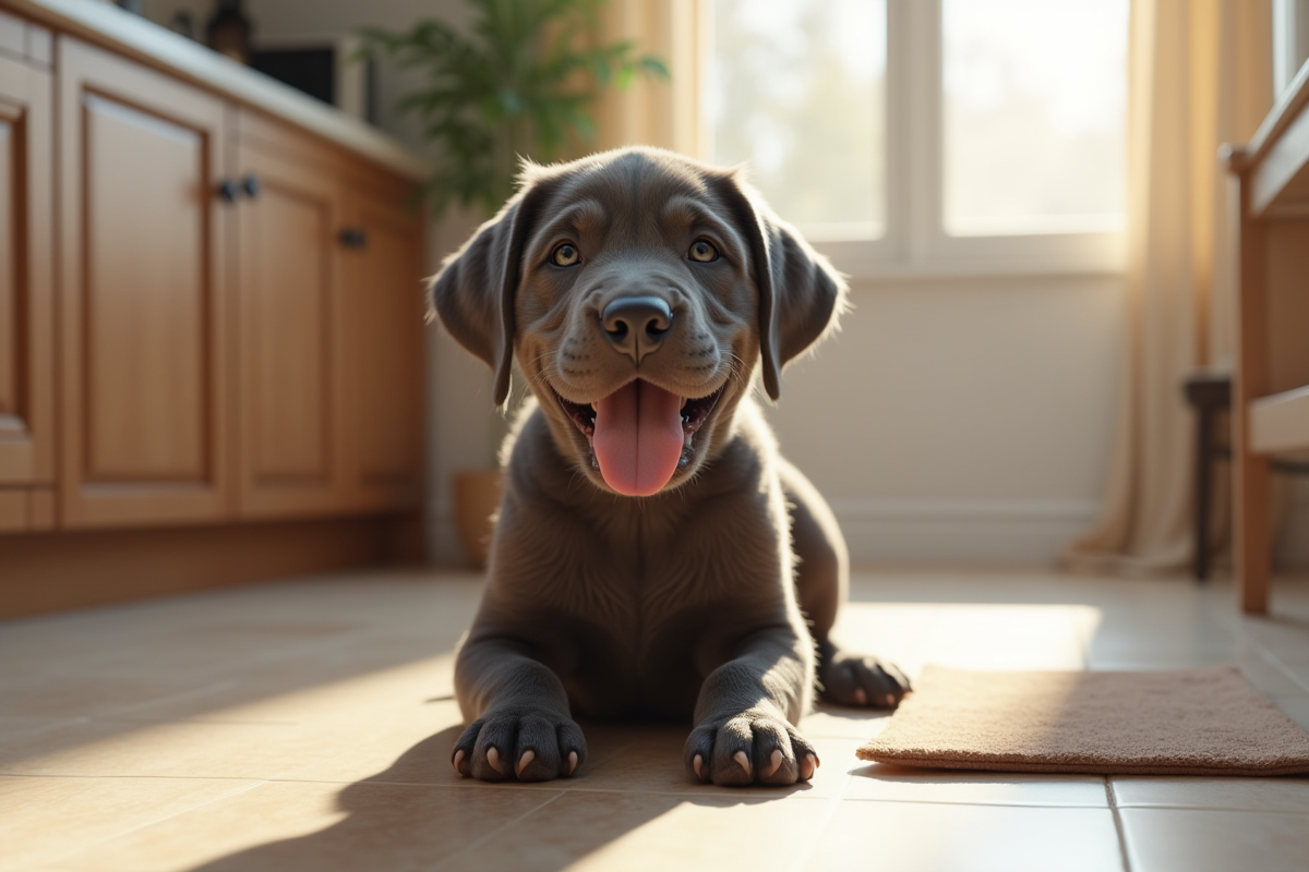 Chiot cane corso assis sur le sol en cuisine ensoleillee