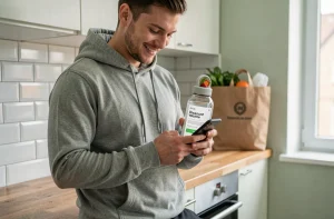 Jeune homme utilisant un code promo Air Up Inoxtag sur son smartphone avec une bouteille Air Up en main dans une cuisine moderne