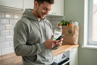 Jeune homme utilisant un code promo Air Up Inoxtag sur son smartphone avec une bouteille Air Up en main dans une cuisine moderne