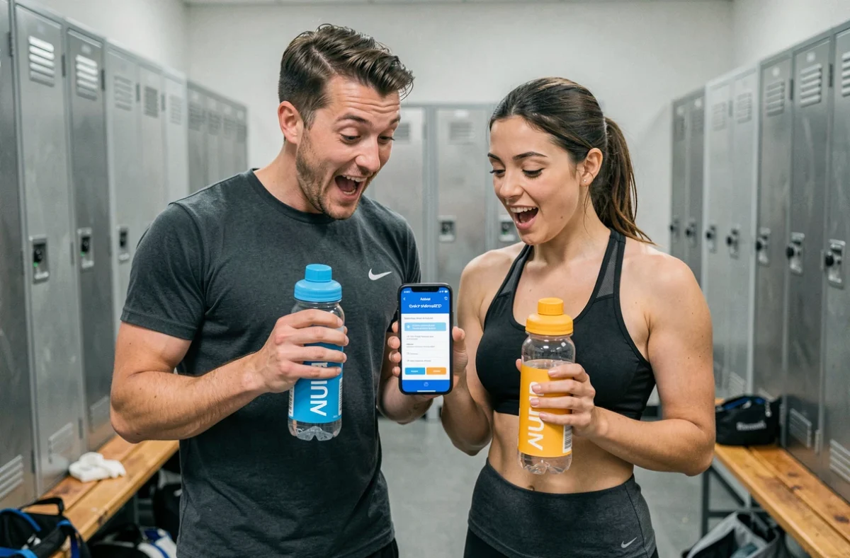 Deux amis dans un vestiaire de salle de sport découvrant ensemble un code promo Air Up Inoxtag sur smartphone avec leurs bouteilles Air Up