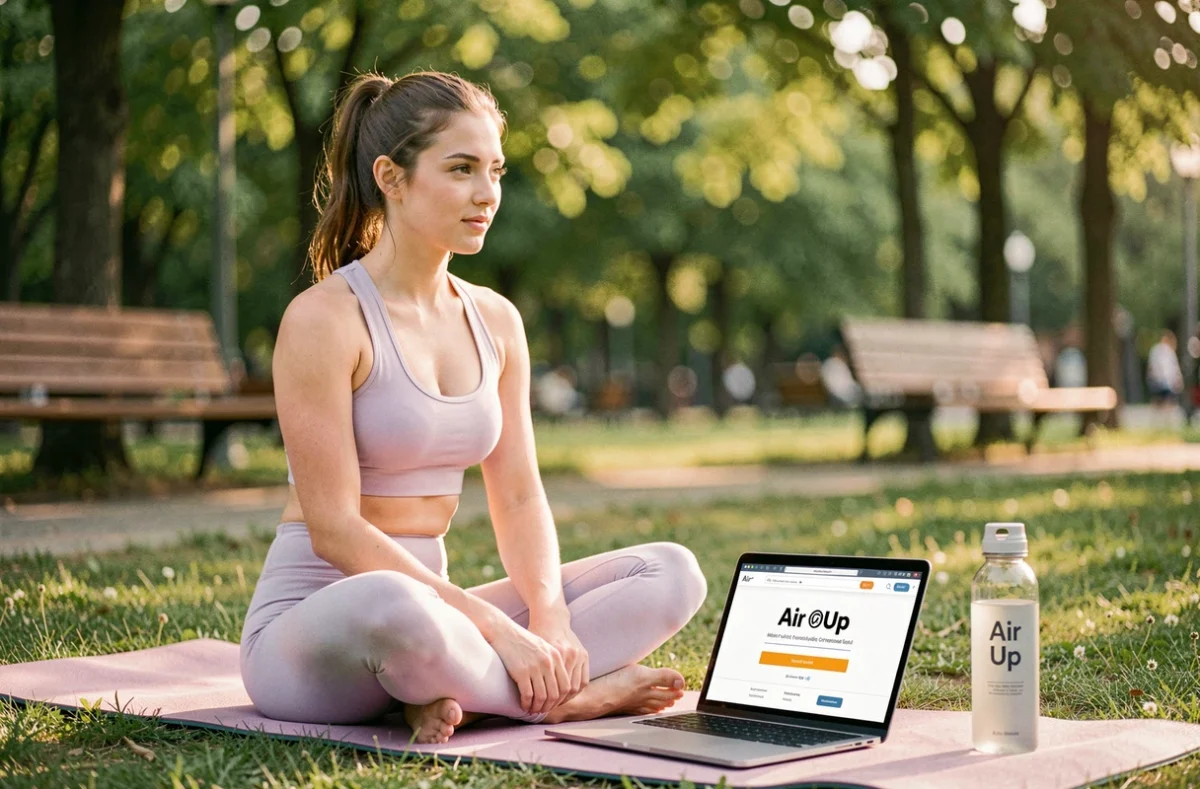 Jeune femme en tenue de sport consultant un code promo Air Up sur son ordinateur portable dans un parc urbain avec une bouteille Air Up