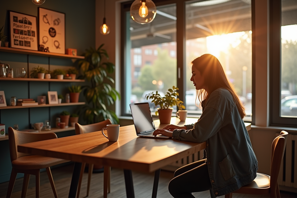 Espace de coworking cosy avec personne travaillant au café créatif