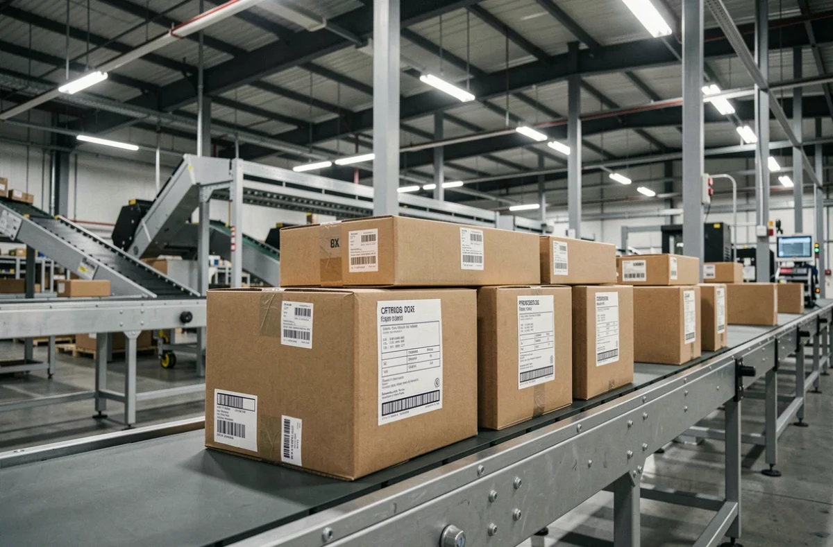 Colis empilés sur un tapis roulant à l'arrêt dans un centre logistique de tri et de distribution