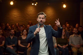 Comédien stand-up sur scène dans un club de comédie intime avec réactions mitigées du public