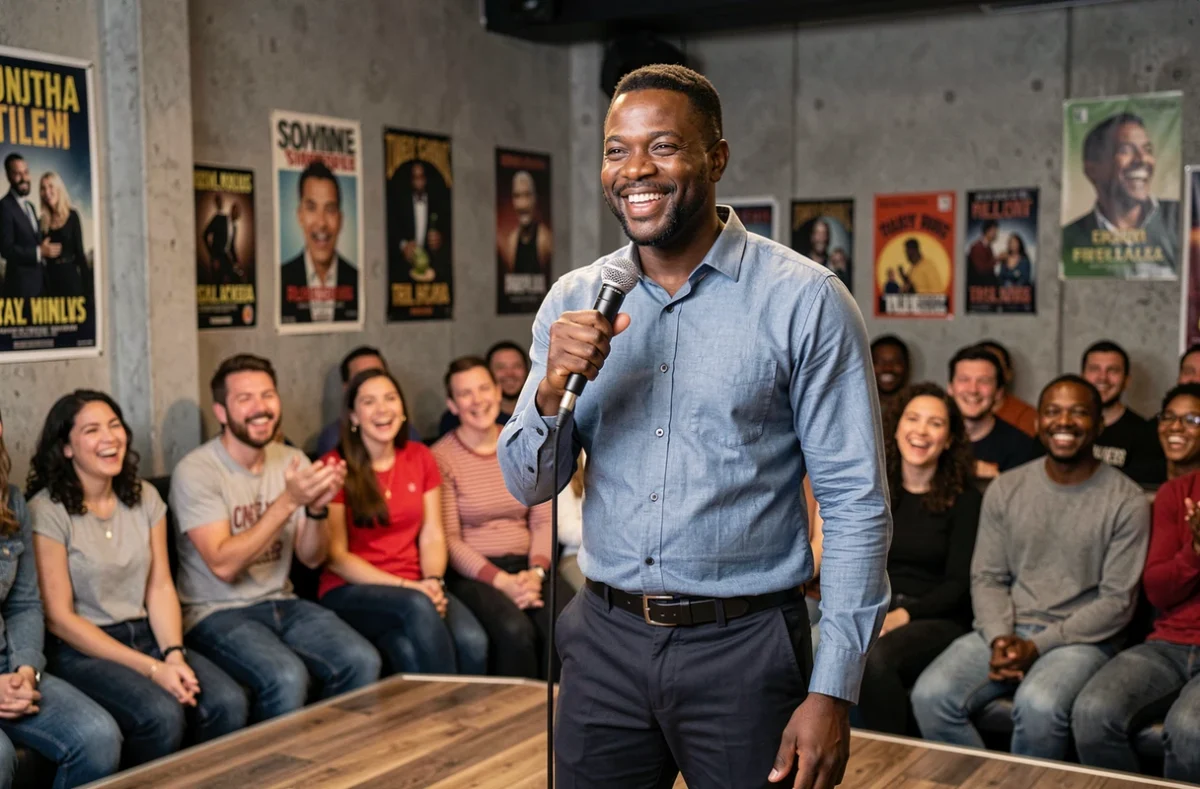 Comédien de stand-up sur scène devant un public diversifié souriant, représentant la satire bienveillante et l'humour inclusif