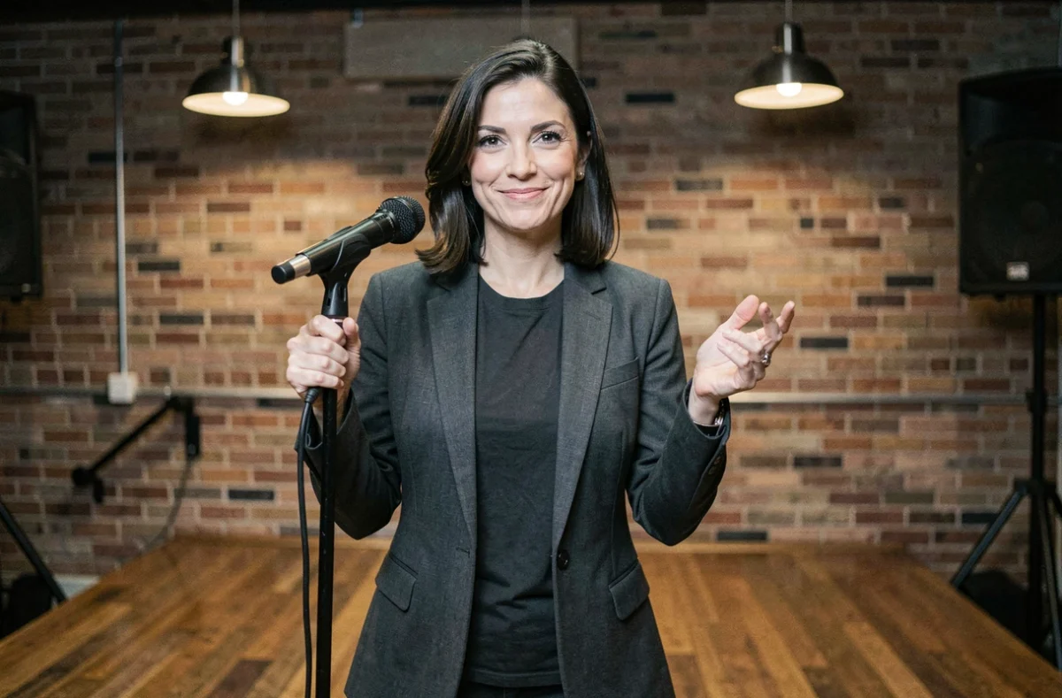 Femme comédienne sur scène dans un club de stand-up, illustrant la frontière entre vannes de génie et humour ordinaire