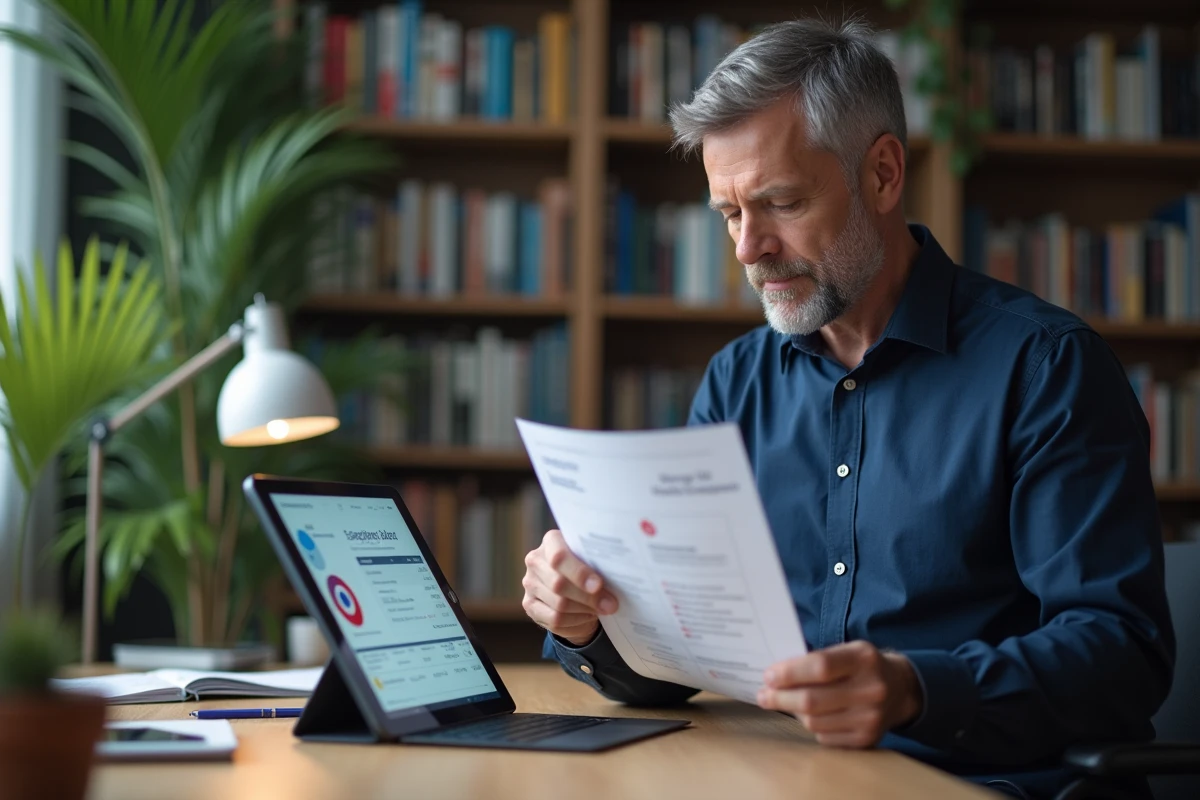 Homme comparant une facture d'énergie papier avec son espace client Cdiscount sur une tablette