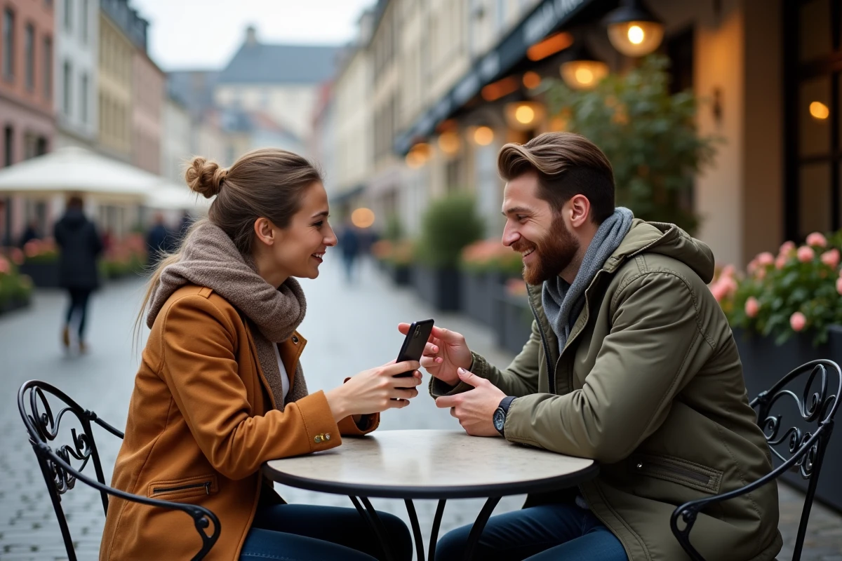 Deux amis consultant une offre d'appels illimités Belgique France sur smartphone en terrasse de café belge