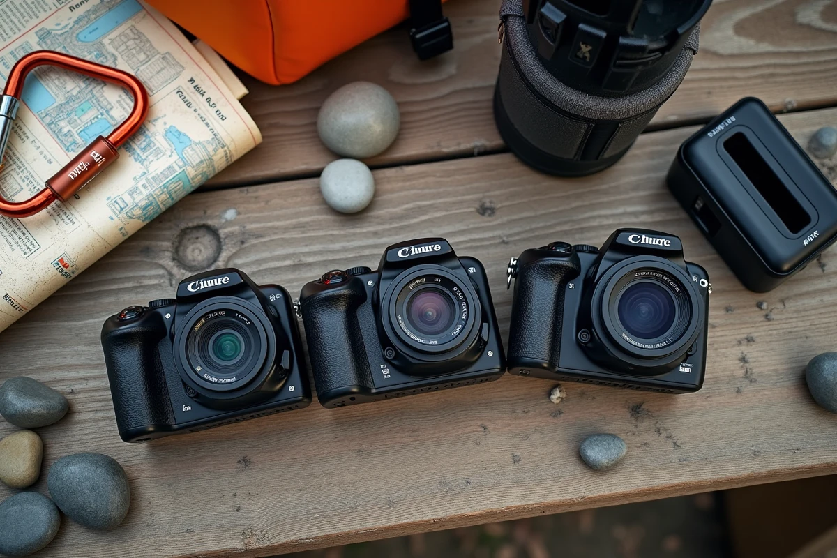Comparatif de trois appareils photo compacts étanches posés sur une table en bois avec du matériel de randonnée