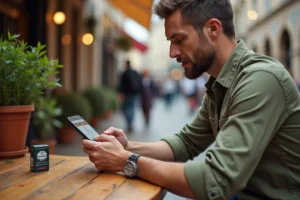 Homme comparant les prix du tabac à rouler 40g sur son smartphone dans un café européen