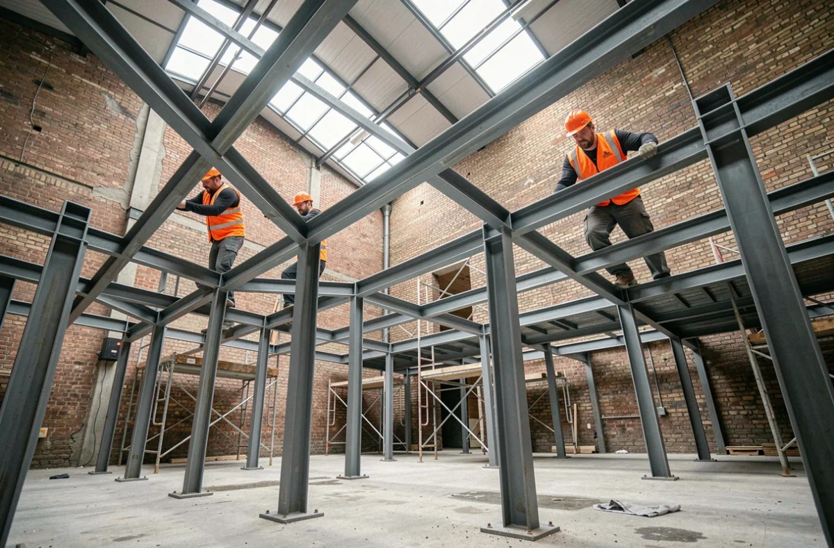 Ouvriers assemblant des profilés en U en acier pour la structure d'une mezzanine dans un entrepôt industriel