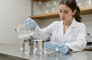 Femme en blouse blanche versant 5 litres d'eau en millilitres dans des béchers gradués en laboratoire