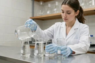 Femme en blouse blanche versant 5 litres d'eau en millilitres dans des béchers gradués en laboratoire