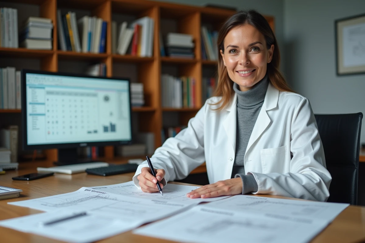 Femme ingénieure consultant des tableaux de conversion entre litres, mètres cubes et mètres carrés dans un bureau technique