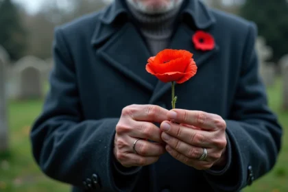 Mains d'un vieillard tenant un coquelicot rouge dans un cimetière militaire, symbole de mémoire et de commémoration