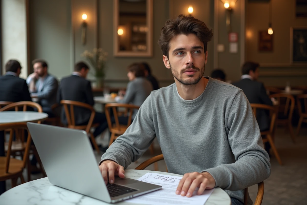 Jeune homme corrigeant des fautes d'orthographe sur un document imprimé dans un café parisien