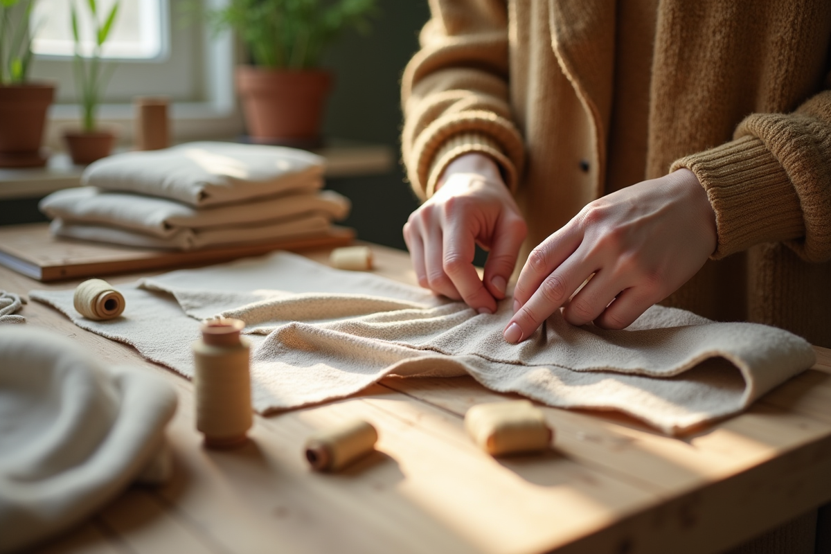 Mains cousant un vêtement en fibres naturelles à la maison