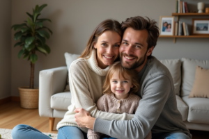 Couple français souriant avec enfant adopté dans un salon chaleureux