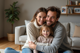 Couple français souriant avec enfant adopté dans un salon chaleureux