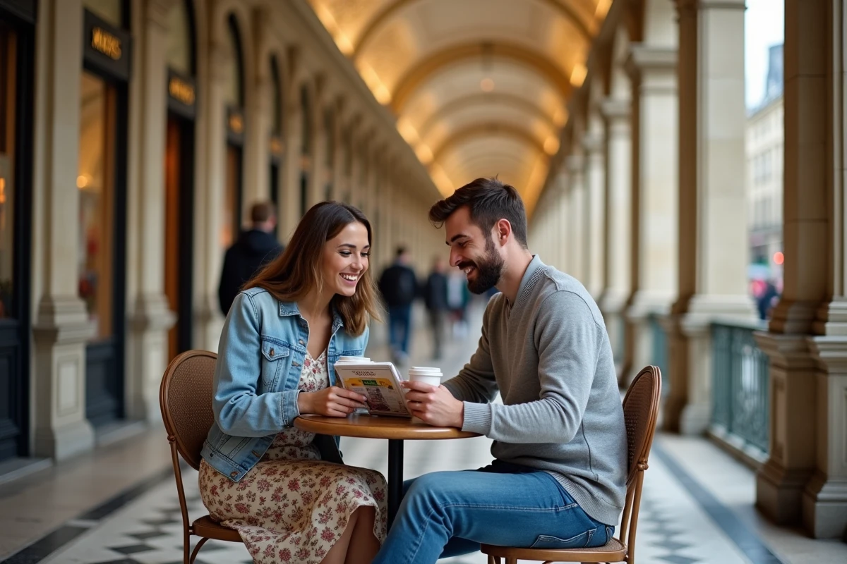 Couple savourant un café dans la Galerie Vivienne lors d'un week-end culturel à Paris