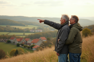 Couple français regardant la campagne depuis une colline