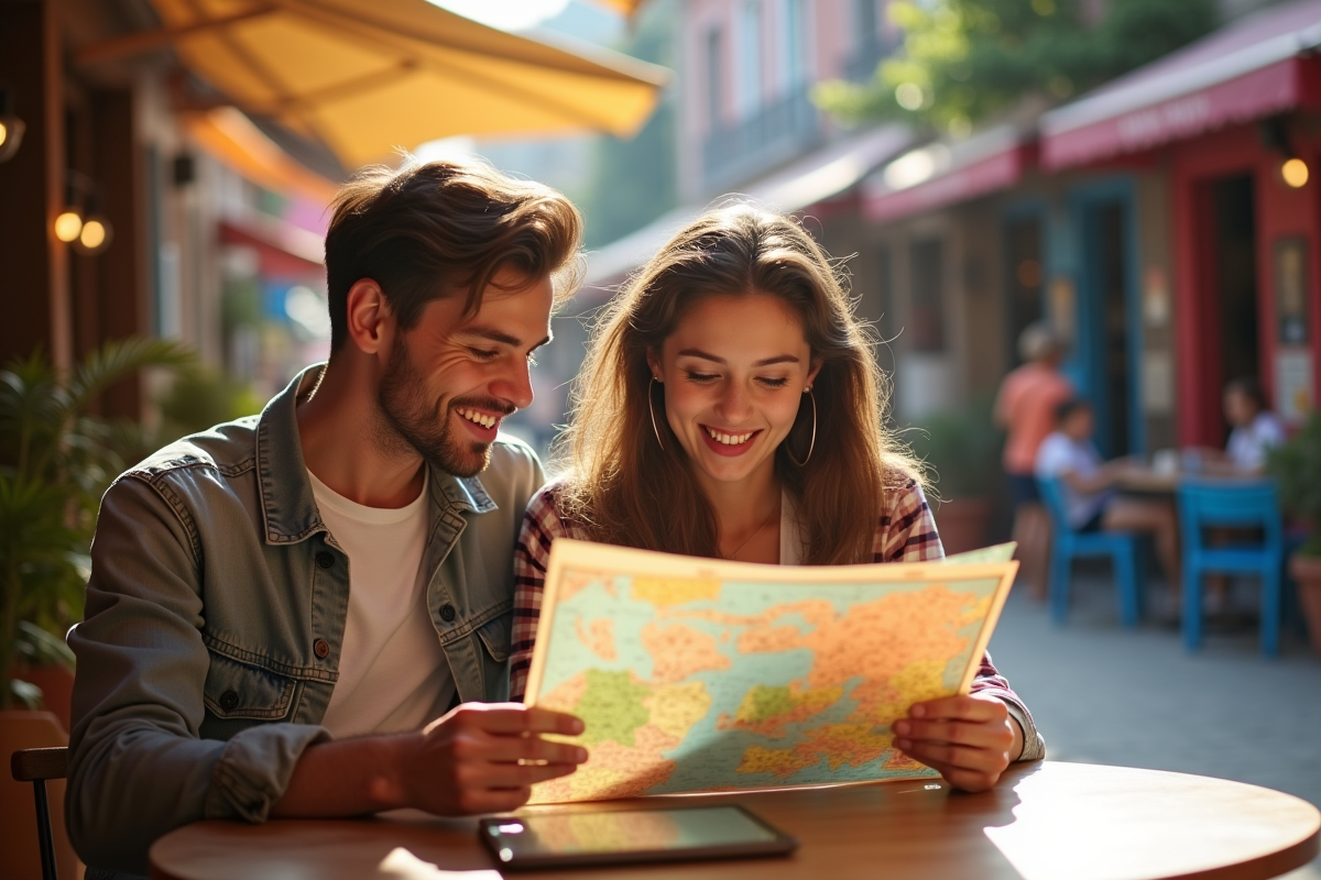 Jeune couple regardant une carte colorée dans un café de rue en ville animée