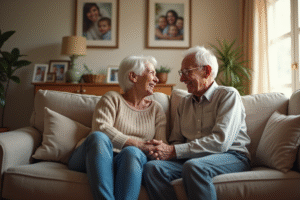 Couple de seniors souriant sur un canapé cosy