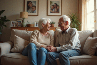 Couple de seniors souriant sur un canapé cosy