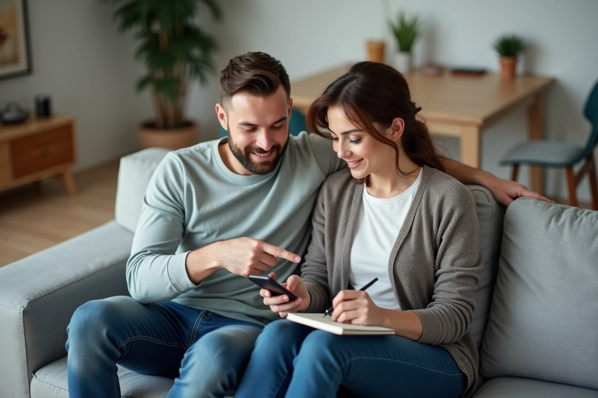 Couple gérant ensemble leurs contrats et factures Cdiscount énergie depuis un smartphone dans le salon