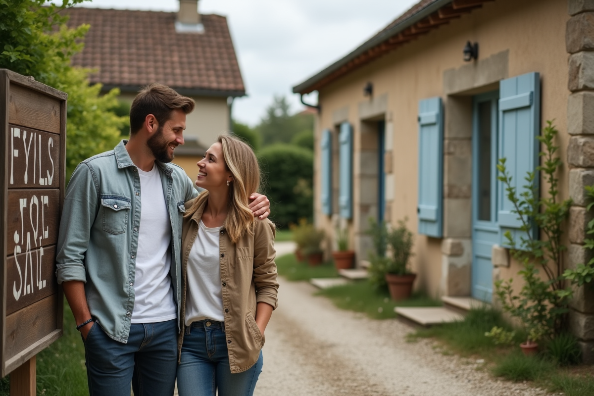 Jeune couple examine une maison à vendre dans un village