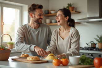 Jeune couple riant dans une cuisine lumineuse