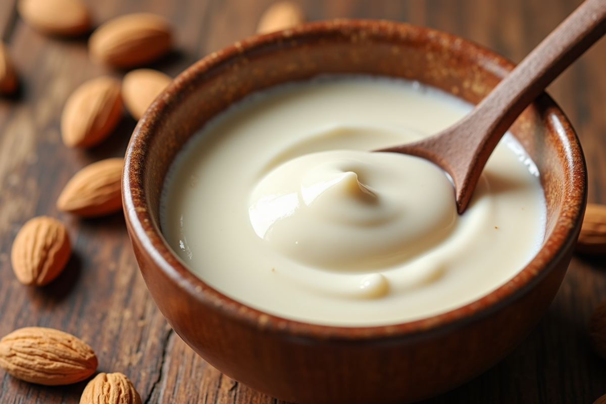 Bol de crème d amande avec cuillère et amandes autour sur table en bois