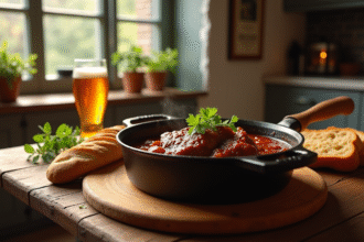 Table rustique avec une carbonade en sauce foncée et pain artisanal