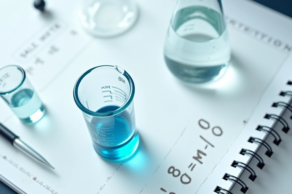 Cylindre gradué à 80 ml sur une paillasse de laboratoire avec cahier de chimie et notes de conversion