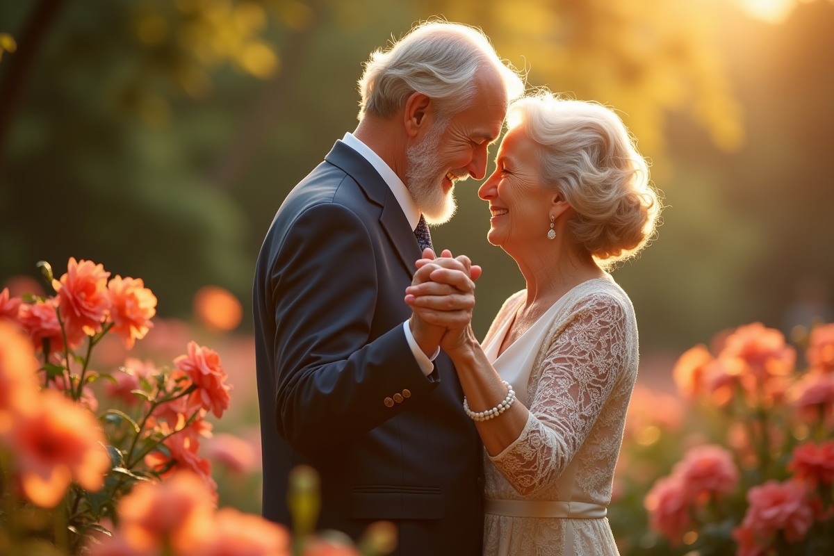 Couple de seniors dansant dans un jardin ensoleille