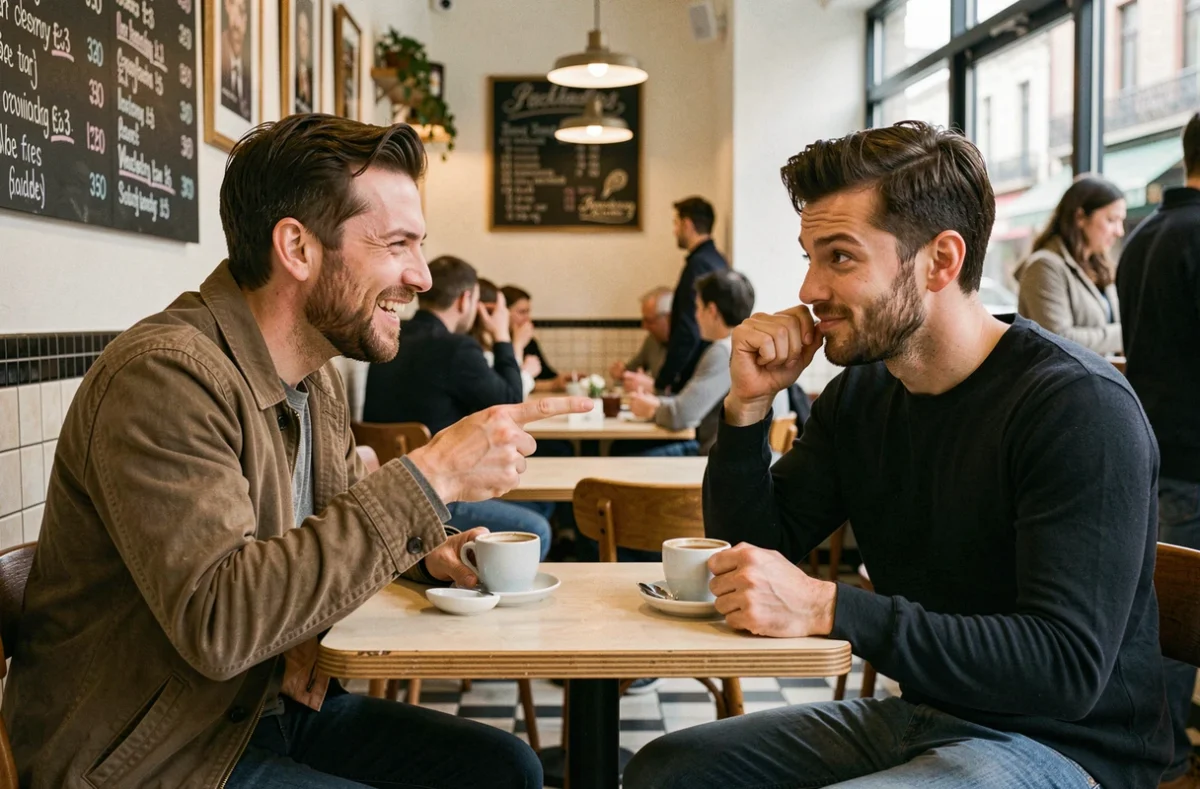Deux hommes en discussion animée dans un café urbain, illustrant le débat sur les limites entre humour fin et blague de mauvais goût